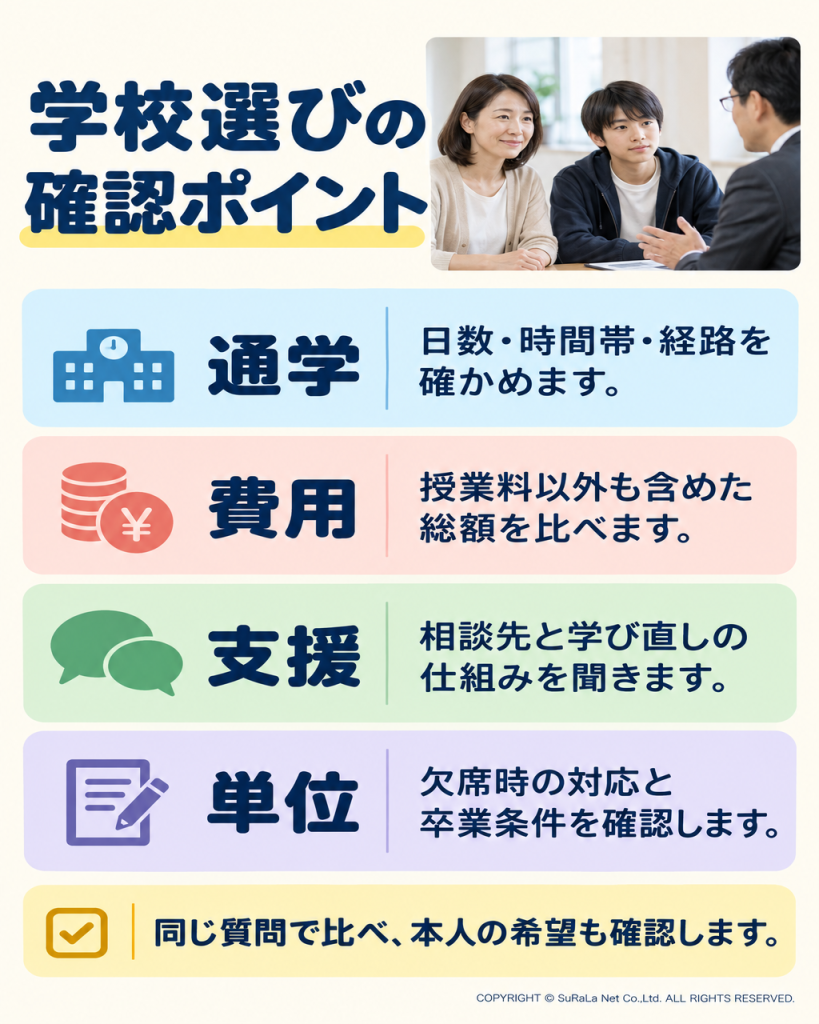 学校説明会で確認する通学・総費用・相談支援・単位と卒業条件