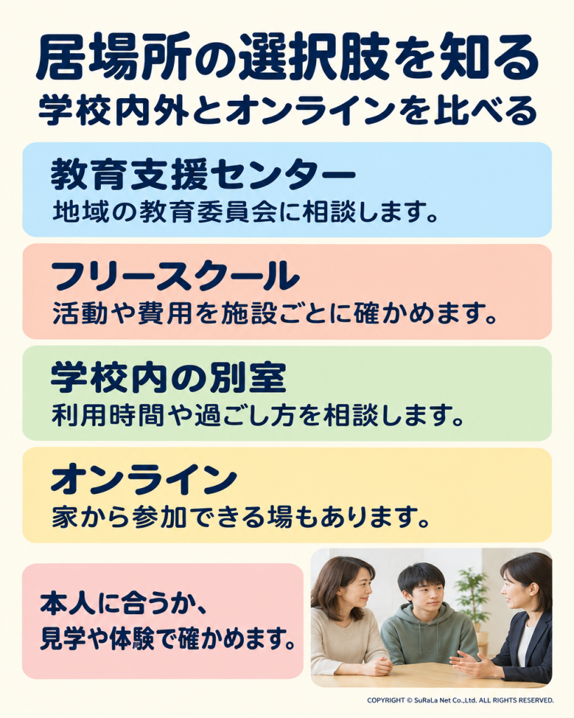 教育支援センター、フリースクール、学校内の別室、オンラインの4つの選択肢