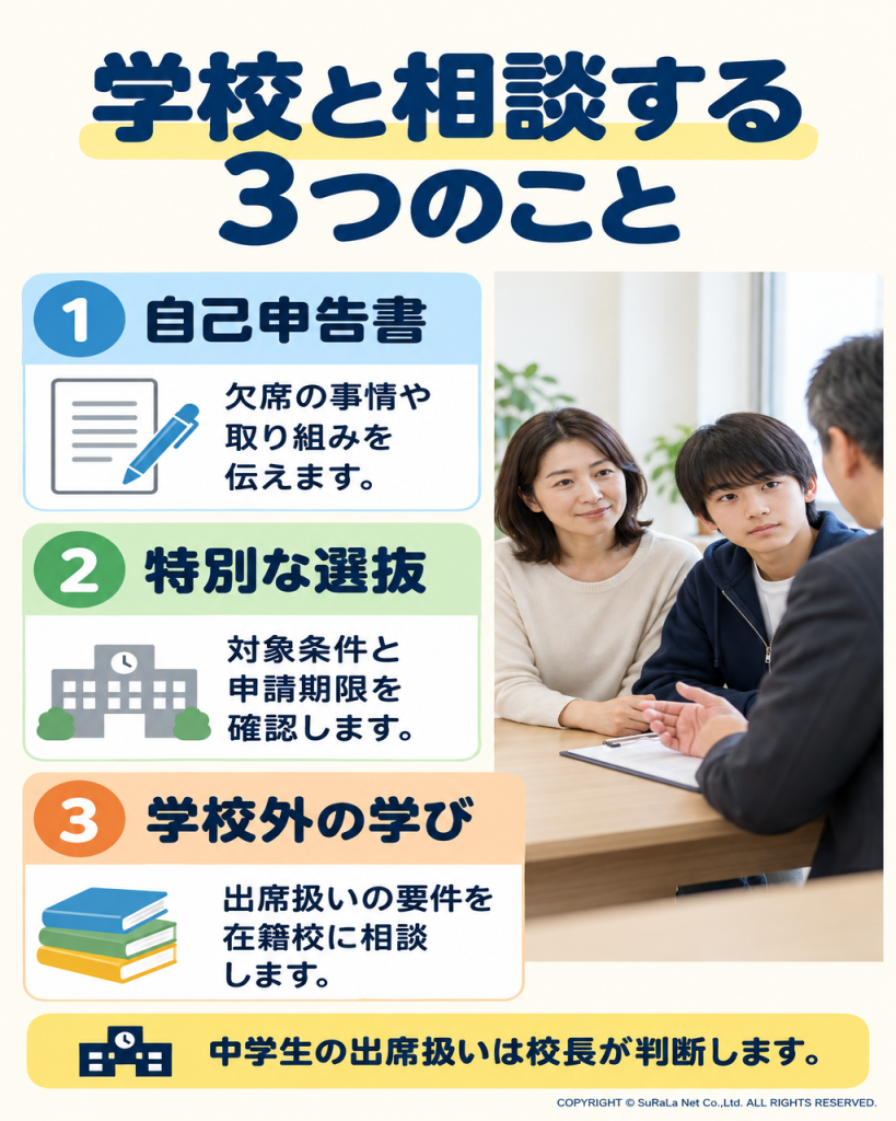 自己申告書、特別選抜、学校外での学びについて学校に相談する項目