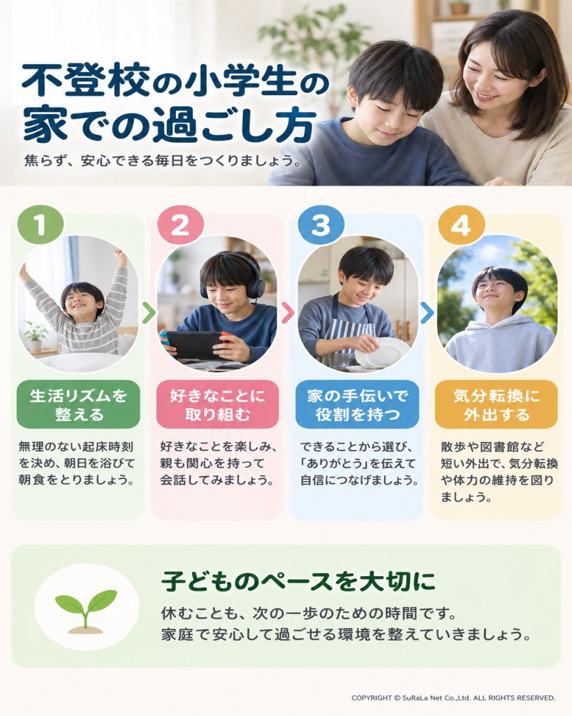 生活リズムを整え、好きなことや家の手伝いに取り組み、子どものペースで気分転換する家での過ごし方を示した図解