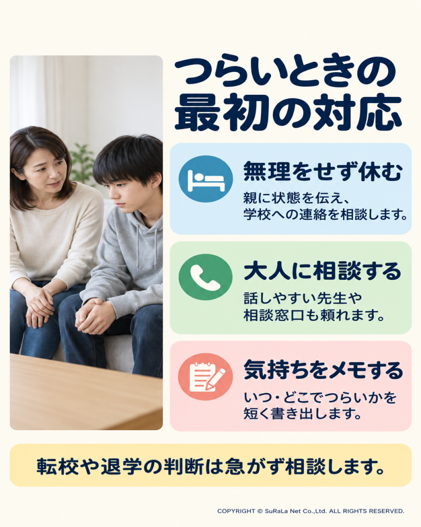 つらいときに休む、大人へ相談する、気持ちをメモするという三つの対応