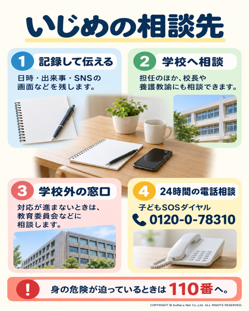 記録を残し、学校・教育委員会などへ相談する流れを示す図