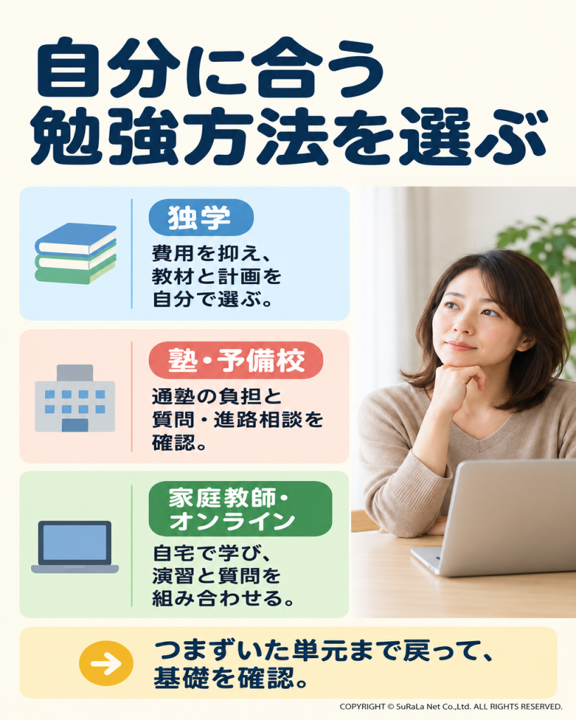 独学、塾・予備校、家庭教師・オンライン学習の方法を比較した図