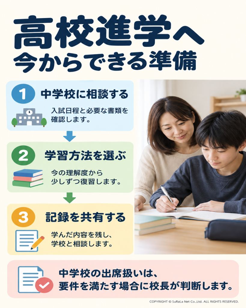 高校進学前に中学校へ相談し、自分に合う学習方法を選び、学習記録を共有する手順