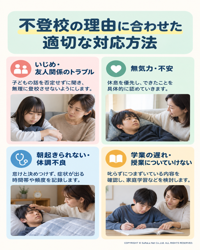 いじめや友人関係のトラブル、無気力や不安、朝起きられない・体調不良、学業の遅れなど、困りごとに合わせた対応を示す図。