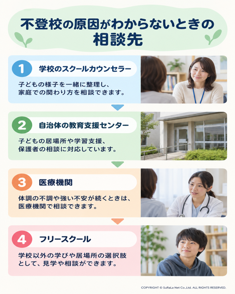 学校、教育支援センター、医療機関、フリースクールに相談できる内容を比較した図