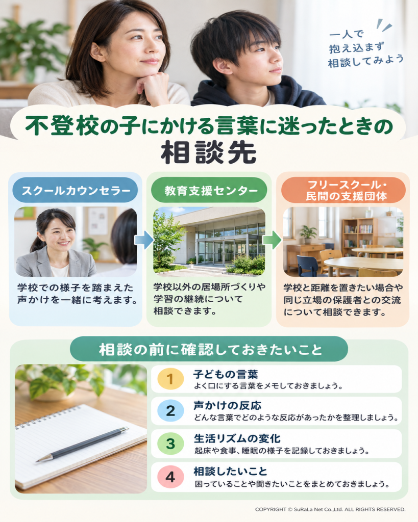 声かけに迷うときの相談先として、学校、教育支援センター、フリースクールや親の会を示し、場面・やり取り・相談したいことをメモする。