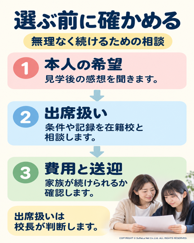 本人の希望、出席扱いの相談、費用と送迎という利用前の確認項目