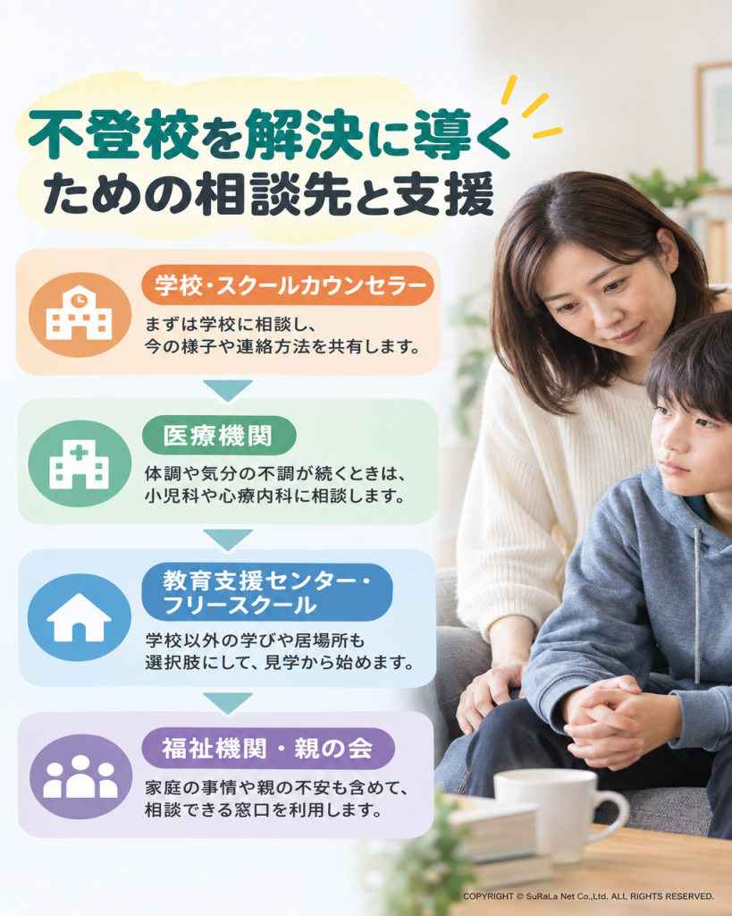 子どもの困りごとに応じた相談先として、学校の相談担当者、医療機関、教育支援センターやフリースクール、福祉機関や親の会を示す図。