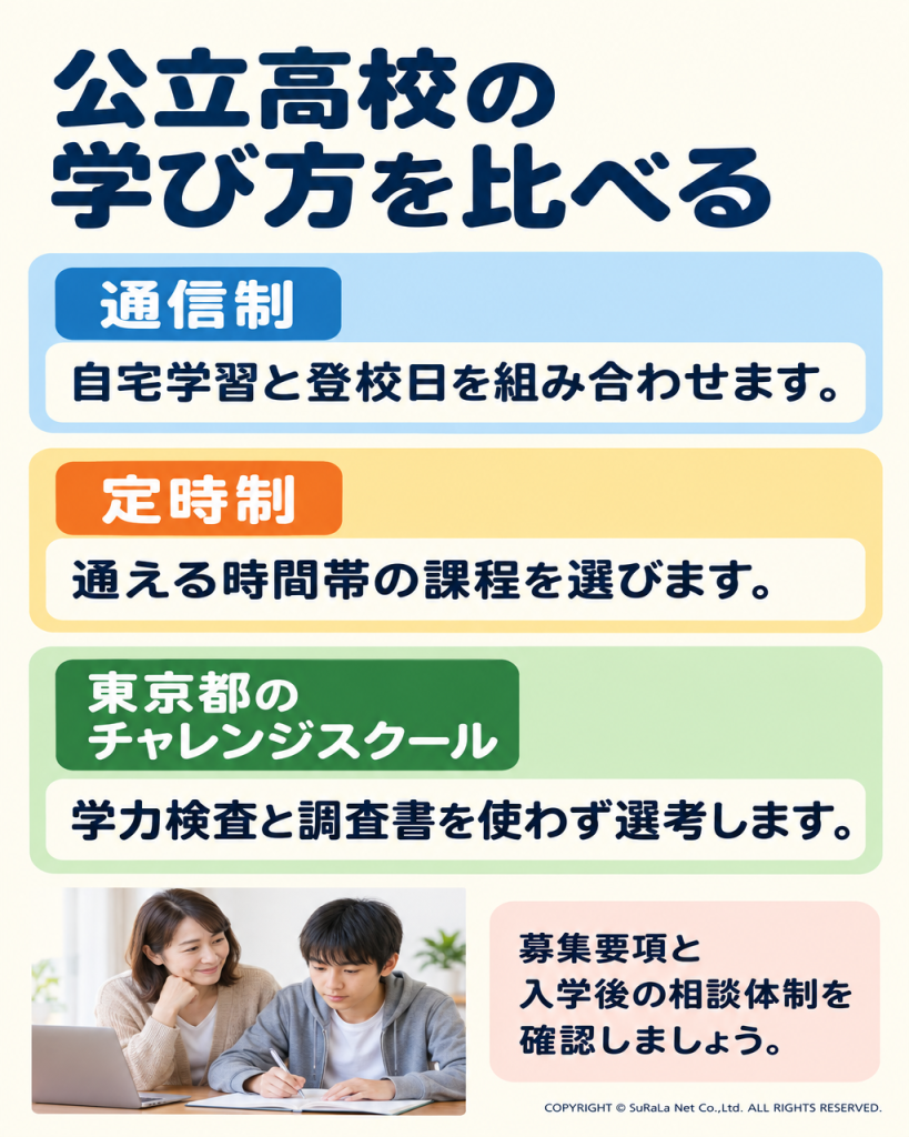 通信制、定時制、東京都のチャレンジスクールなど公立高校の学び方を比較した図
