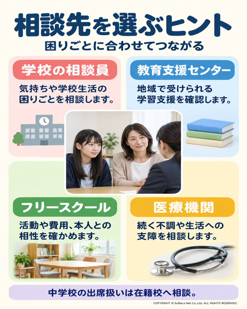 学校の相談員、教育支援センター、フリースクール、医療機関の役割を整理した図解