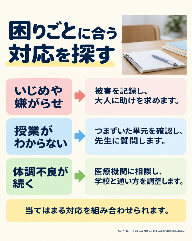 いじめ、学習のつまずき、続く体調不良に対して記録・学習相談・医療や学校への相談を対応させる