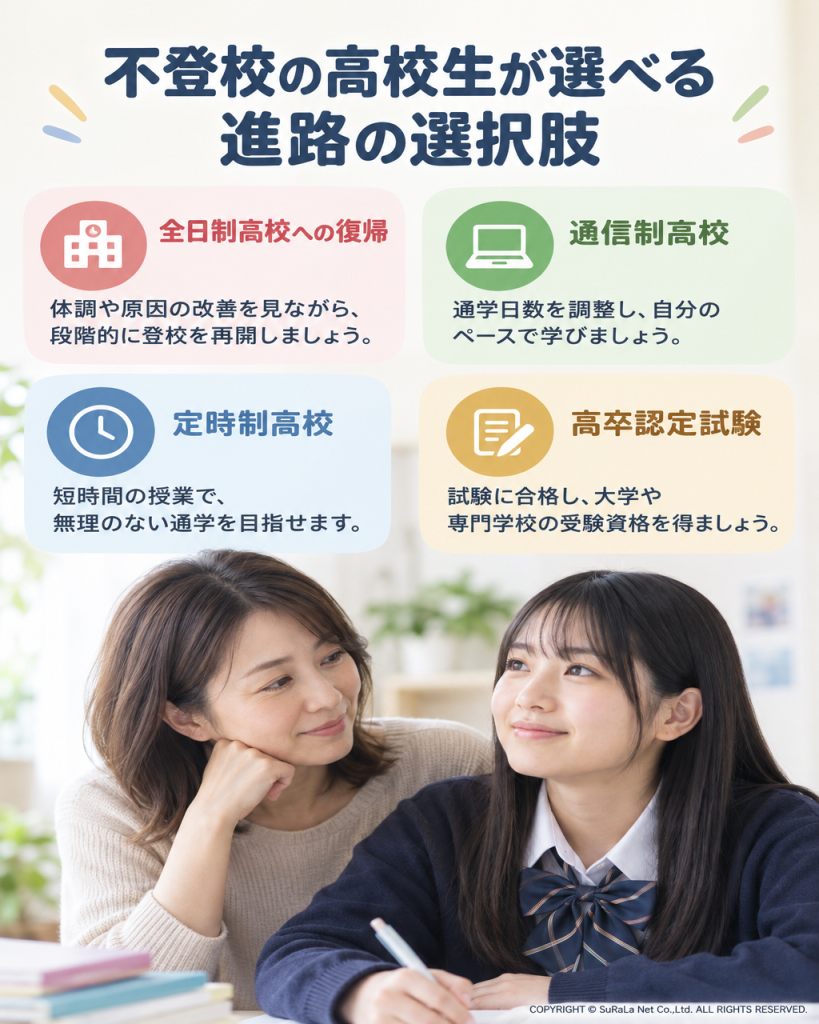 不登校の高校生が選べる全日制高校への復帰、通信制高校、定時制高校、高卒認定試験の進路を示した図解