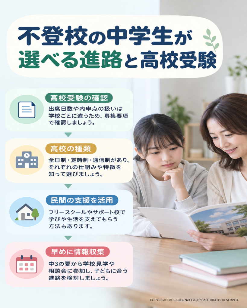 高校受験の確認、全日制・定時制・通信制高校、民間の支援の活用など、中学生が進路を考える際のポイントを示した図解