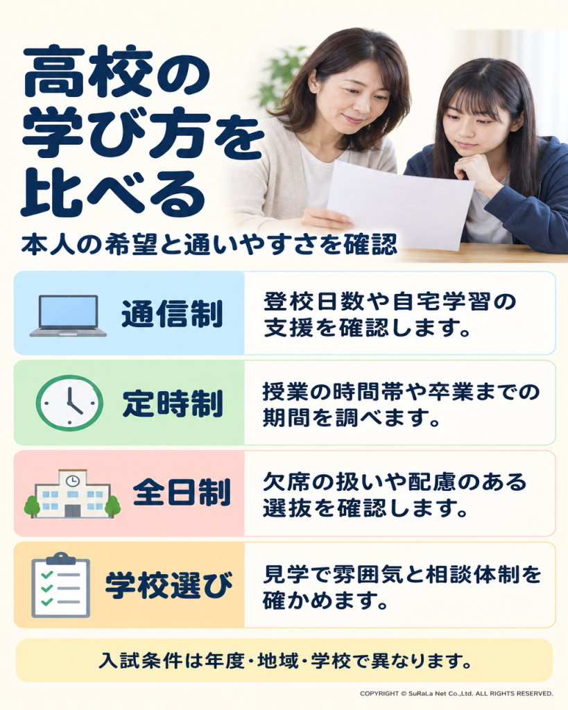 通信制、定時制、全日制の学び方と学校選びの確認事項を比較する図解