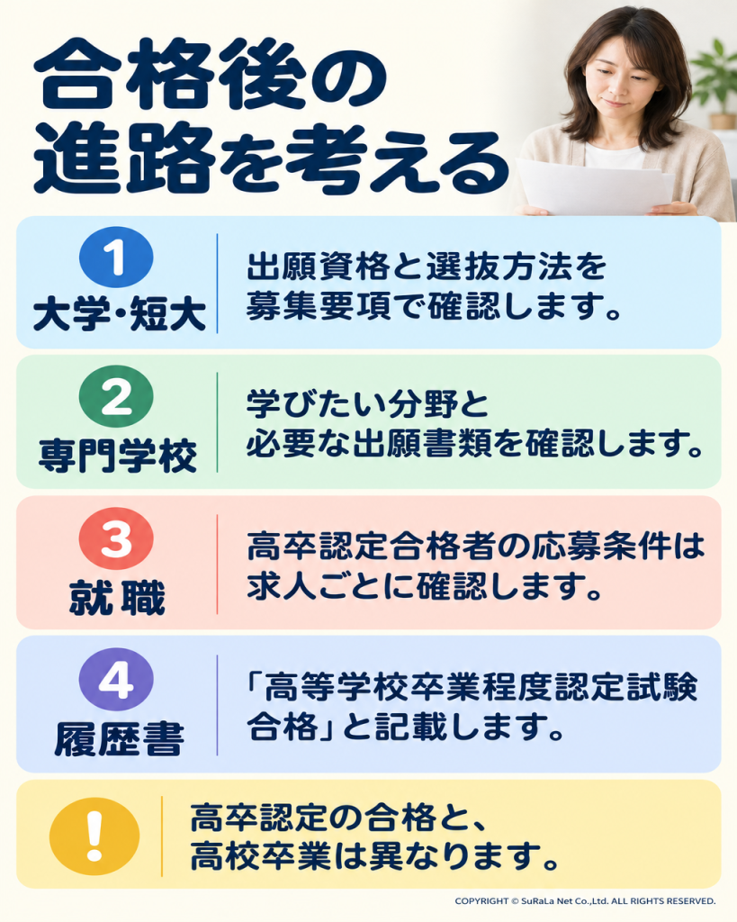 合格後の進学・就職で確認する条件と、高校卒業との違いを示す図