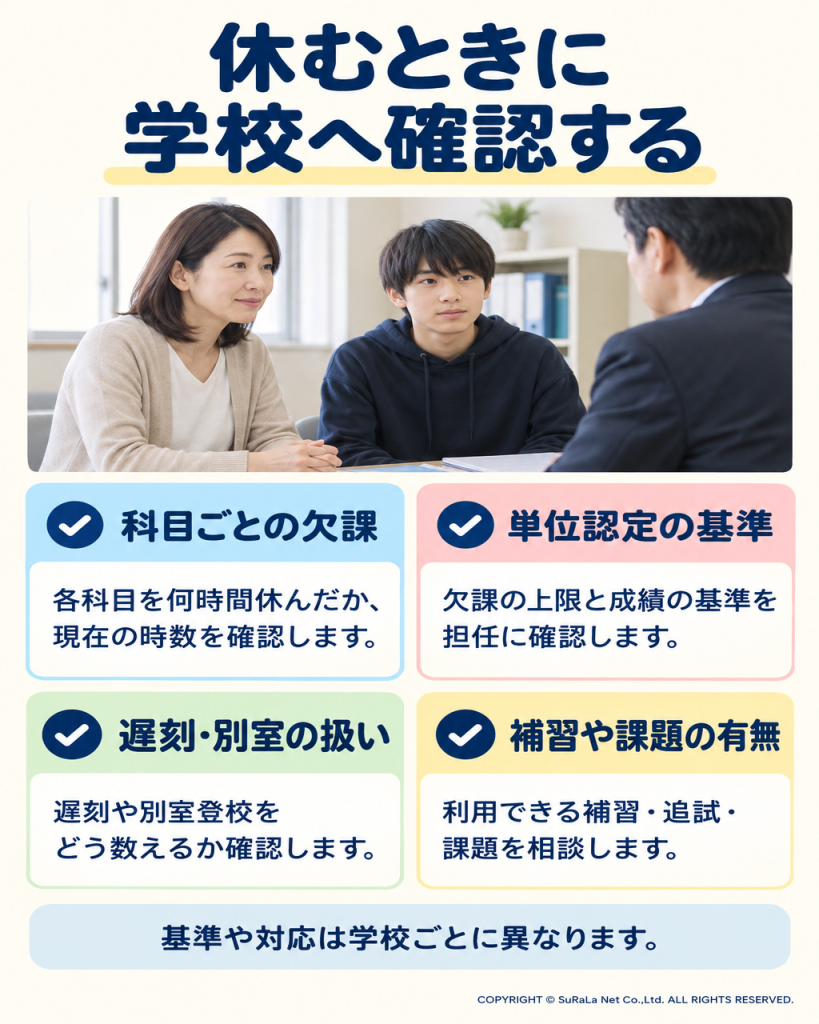 科目ごとの欠課時数、単位認定の基準、遅刻や別室の扱い、補習や課題を在籍校へ確認する