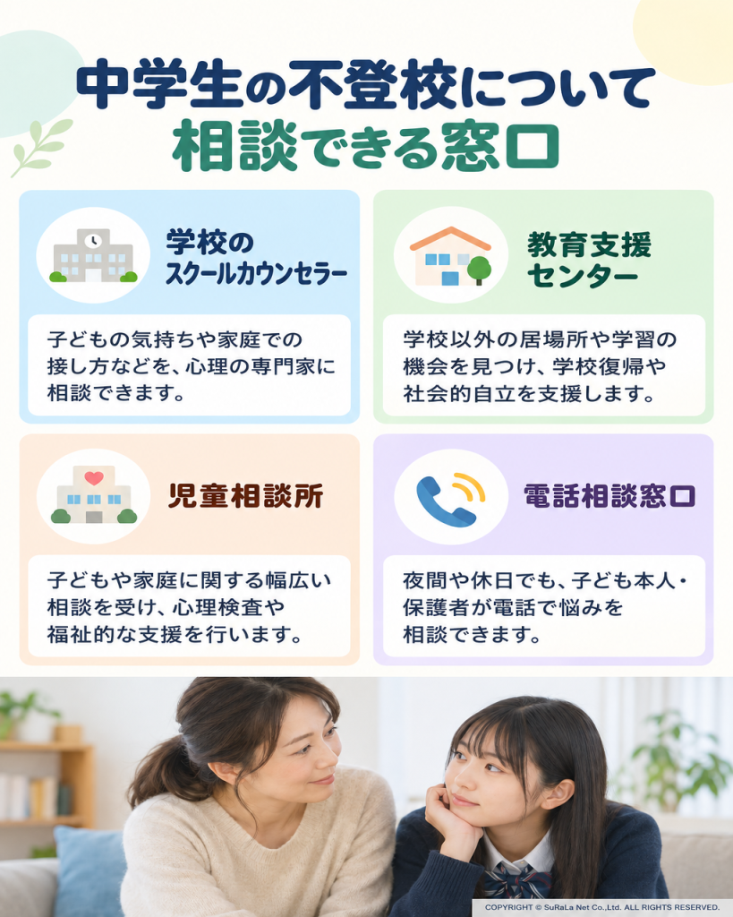 学校のスクールカウンセラー、教育支援センター、児童相談所、電話相談窓口などの相談先を示した図解