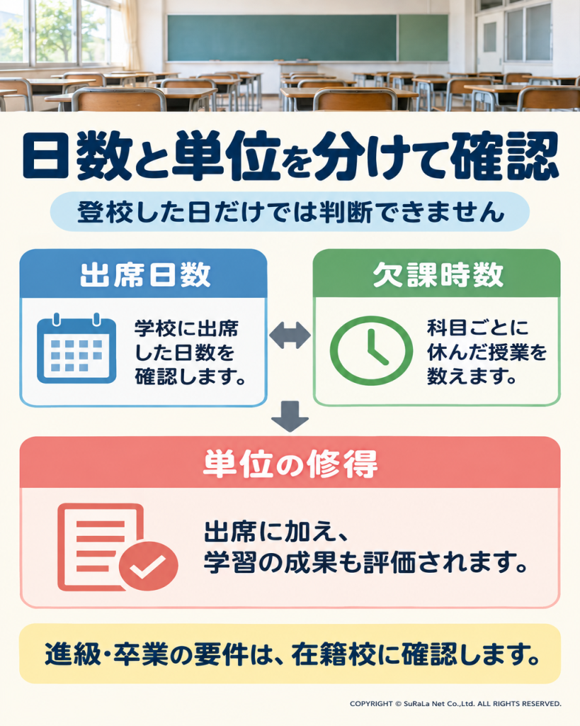 出席日数、科目ごとの欠課時数、学習成果による単位の修得を分けて確認する図解