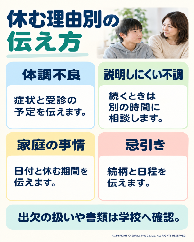 体調不良、説明しにくい不調、家庭の事情、忌引きごとに伝える内容を比較した図解