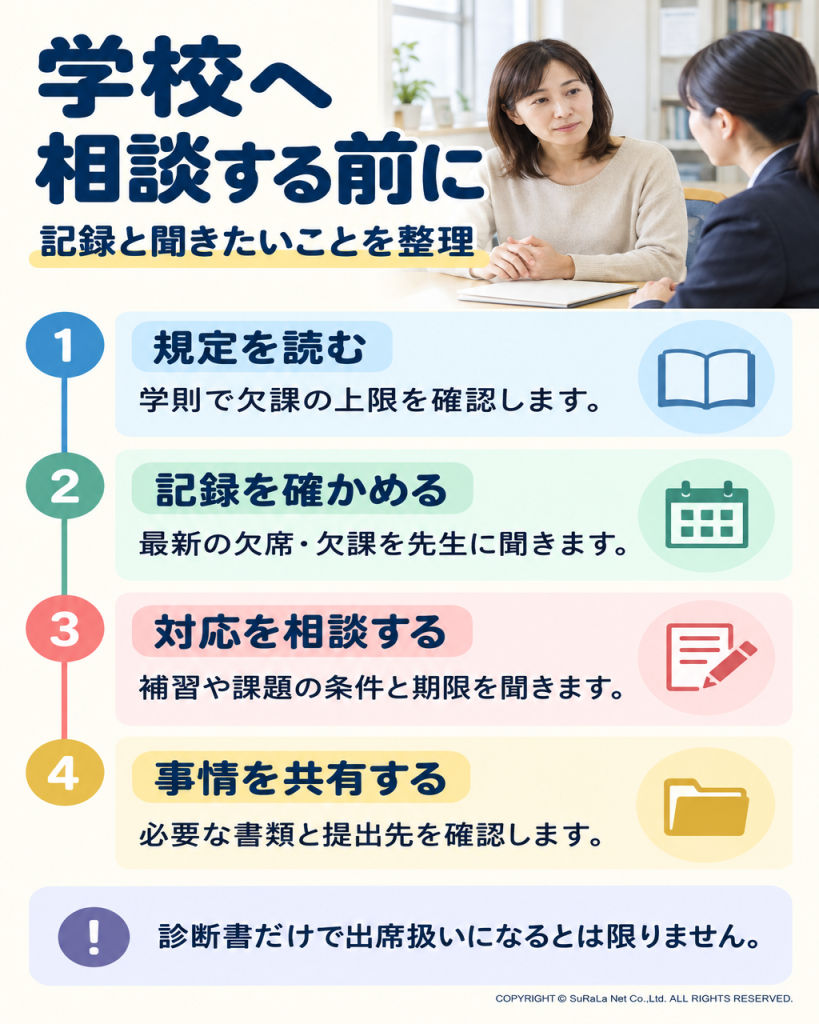学校の規定、欠席と欠課の記録、補習等の対応、必要書類を確認する相談手順