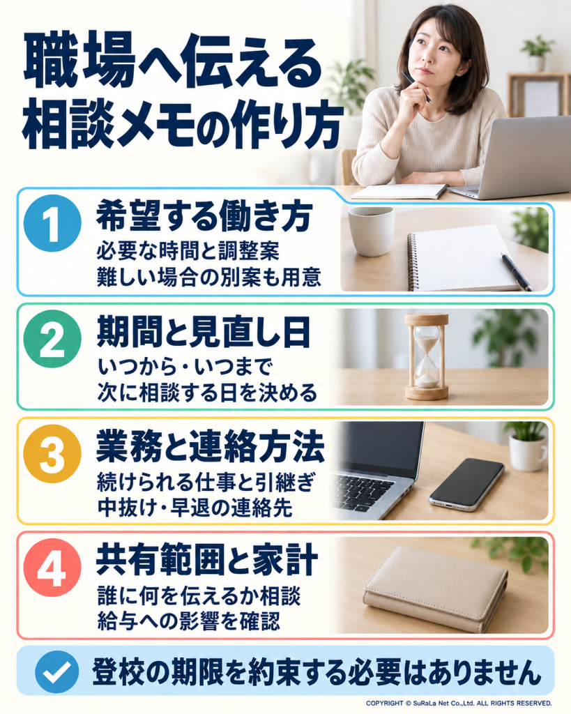 職場への相談に向けて、希望する働き方、期間と見直し日、業務と連絡方法、共有する範囲や家計を整理する図解