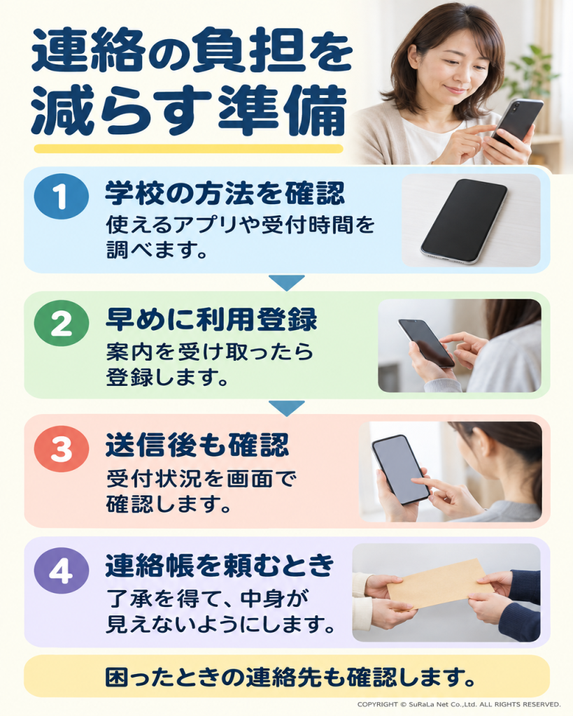 学校の連絡方法の確認、アプリ登録、送信確認、連絡帳を頼む際の配慮を示した図解