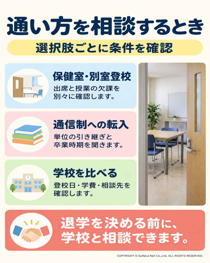 別室登校、通信制への転入、学校比較で確認したい条件を整理した図解