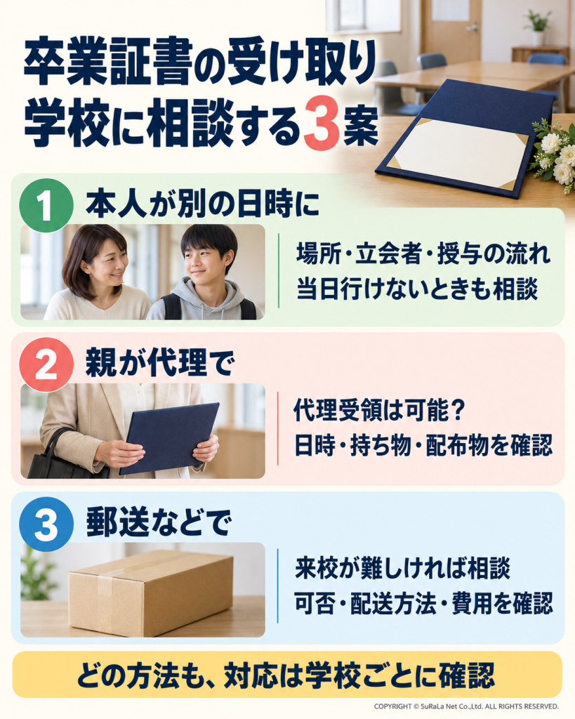 卒業証書を別の日に受け取る、親が代理で受け取る、郵送してもらう方法を学校へ相談する図解