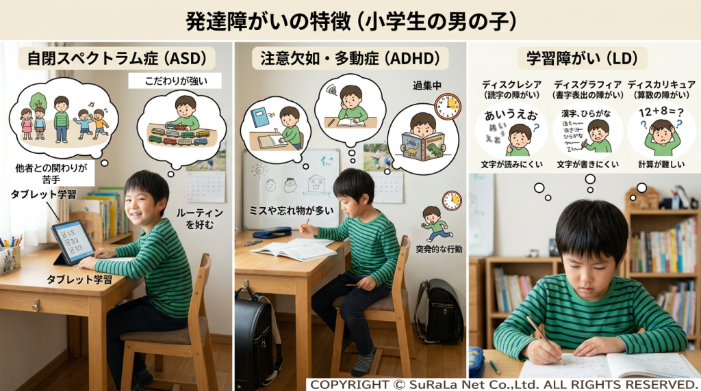 小学生の男の子における発達障害の特徴比較図。自閉スペクトラム症（ASD）、注意欠如・多動症（ADHD）、学習障害（LD）の各症状と行動例の解説。