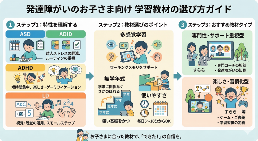 発達障がい（ASD、ADHD、LD）の子どもの特性に合わせた学習教材の選び方3ステップ解説図。多感覚学習や無学年式のポイントを掲載。