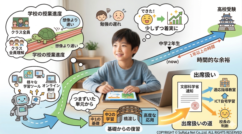 不登校の不安から、自分のペースでの学習、そして学校との連携による出席扱いまでの流れを図解した、タブレット学習中の男子中学生