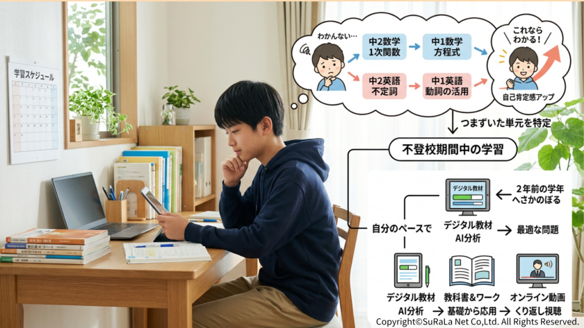 AI分析により、中2の数学・英語から中1の基礎へとさかのぼって学習する仕組みの解説図