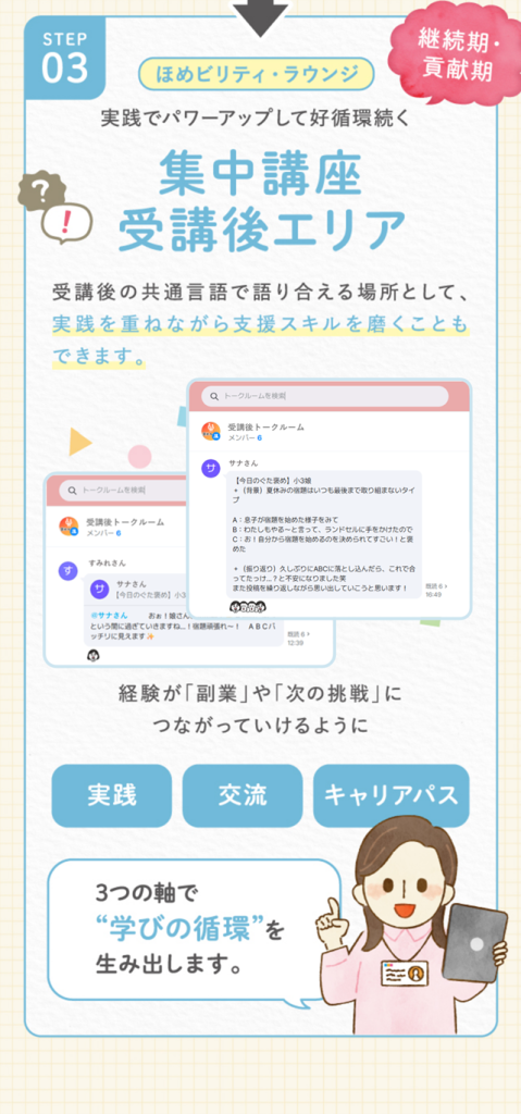 ３．実践でパワーアップして好循環続く
集中講座受講後エリア
受講後の共通言語で語り合える場所として、実践を重ねながら支援スキルを磨くこともできます。
経験が副業や次の挑戦につながっていけるように、実践、交流、キャリアパス、３つの軸で学びの循環を生み出します。