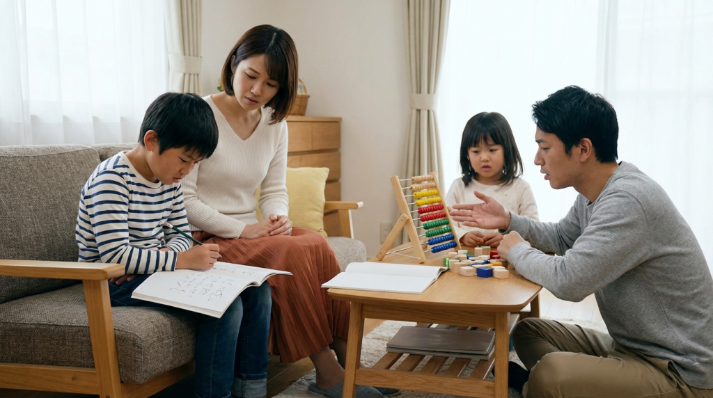 自宅の居間で、百玉そろばんや図形ブロックを使いながら、父親と母親と一緒に学習に取り組む男の子。