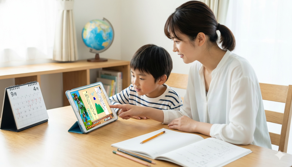 自宅のリビングで母親に見守られながら、タブレット教材「すらら」で日本語の文章題を解く小学生の男の子。