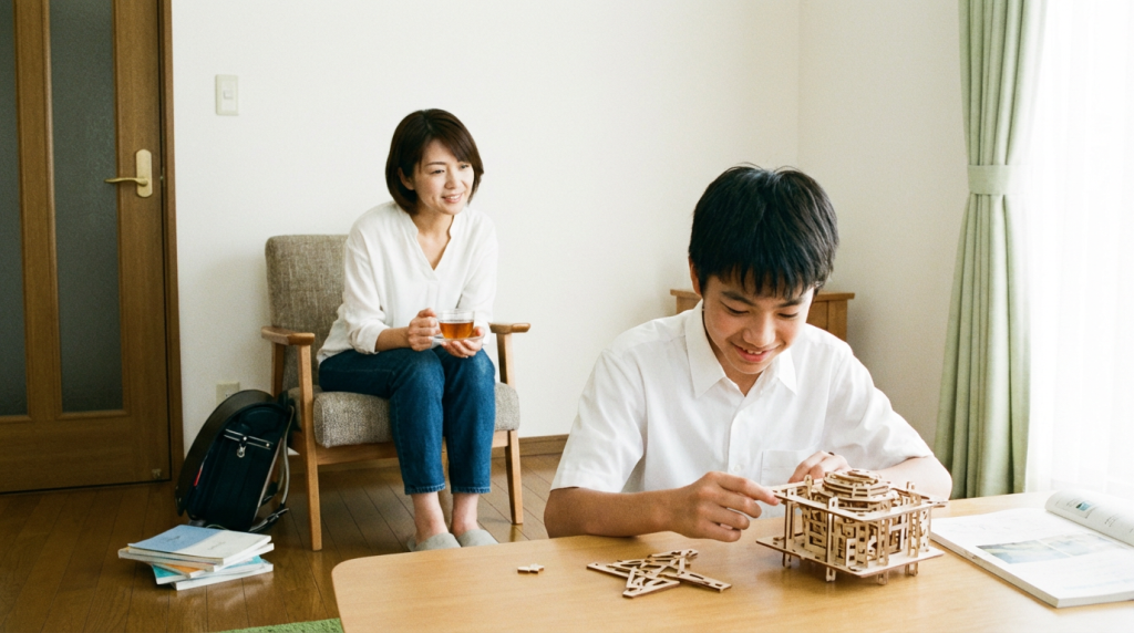 リビングで自ら工作や学習に取り組む子供と、離れた場所から穏やかに見守る母親