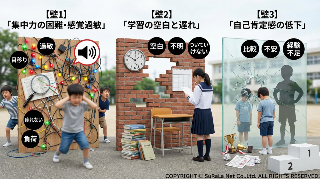 集中力の困難、学習の空白、自己肯定感の低下という、発達障害や不登校の子どもが直面する3つの壁