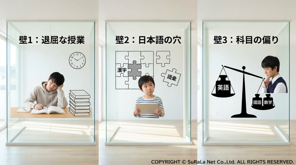 帰国子女や学習の遅れで直面する3つの壁。退屈な授業、日本語語彙の欠如、科目の得意不得意の偏り。
