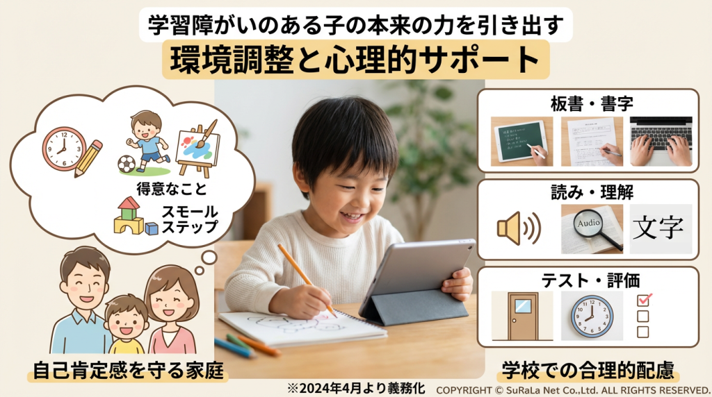 自宅の居間で、百玉そろばんや図形ブロックを使いながら、父親と母親と一緒に学習に取り組む男の子。