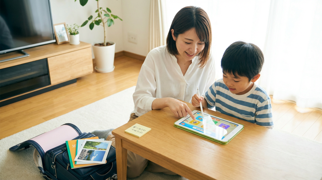 リビングで子供と一緒にタブレット教材を使って楽しく学習する母親