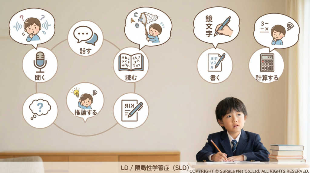 SLD(限局性学習症)に関わる6つの能力(聞く、話す、読む、書く、計算する、推論する)と、子供が直面する困難のアイコン。