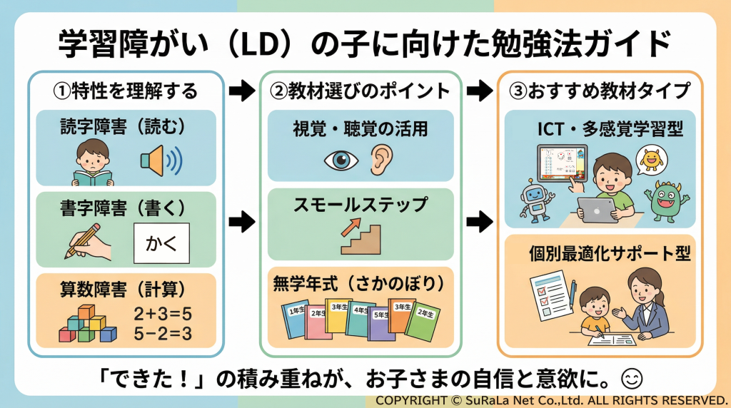 学習障がい（LD）の読字・書字・算数障害に合わせた勉強法ガイド。視覚・聴覚の活用やスモールステップ、ICT教材の選び方の解説図。