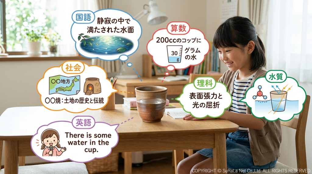 一杯の水から国語・算数・理科・社会・英語の学びを見つけるイメージ図