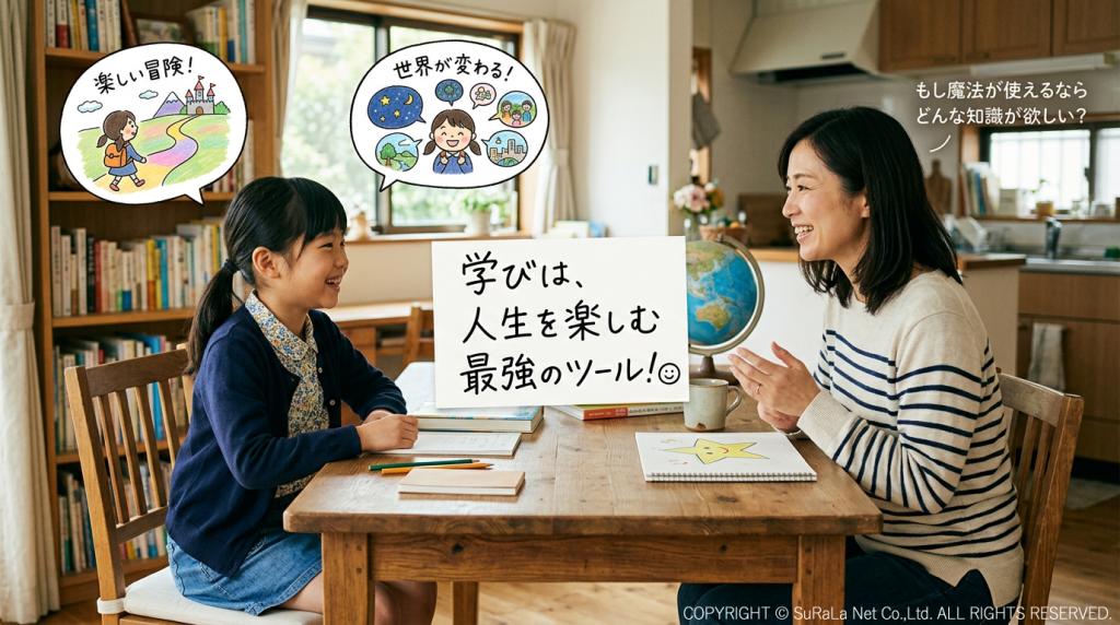 リビングで笑顔で対話する親子。学びを「人生を楽しむ最強のツール」として捉え、ワクワクする未来を想像している様子。