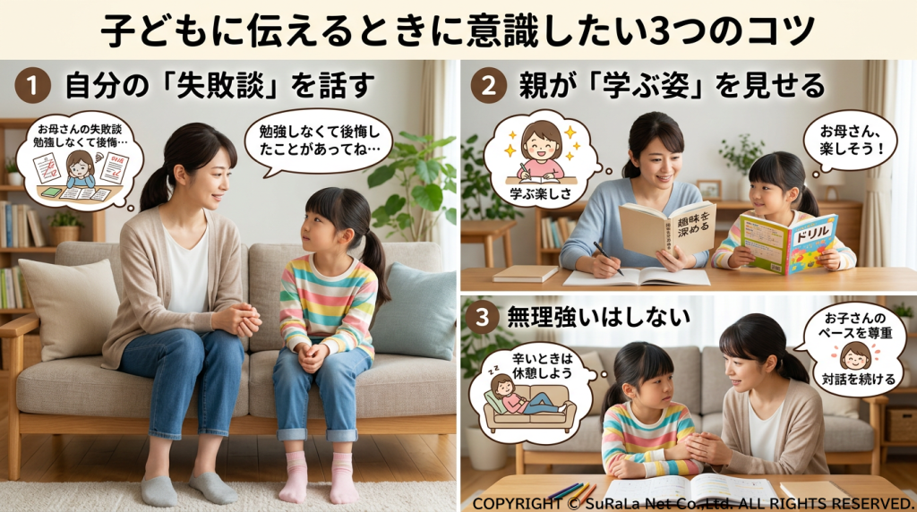 子供に勉強を促す際に意識したい3つのコツ（失敗談を話す・親が学ぶ姿を見せる・無理強いしない）の図解