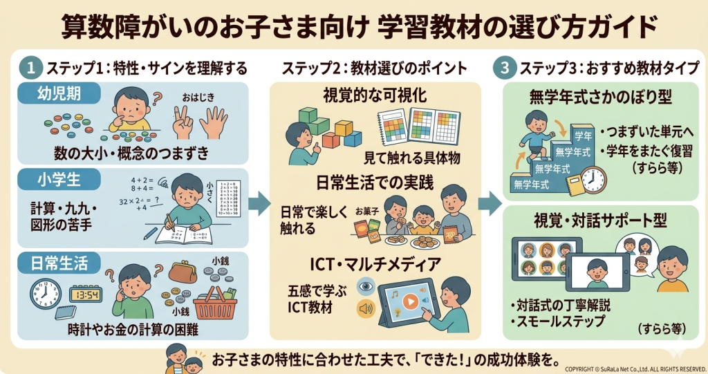 算数障害(ディスカリキュリア)の子どものための教材選びの3ステップ(特性の理解、視覚化やICT活用のポイント、無学年式や対話サポートなどの教材タイプ)を解説したインフォグラフィック図解