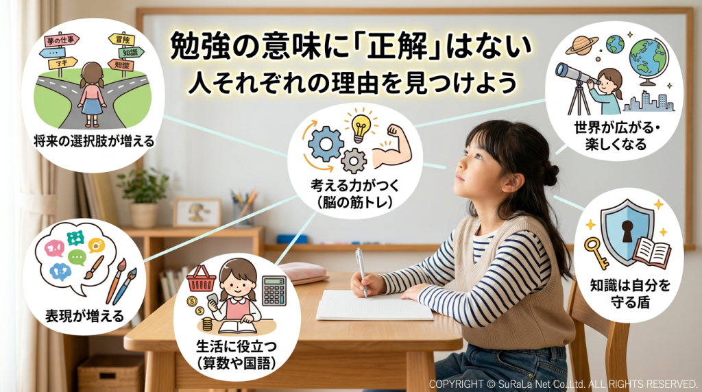 勉強で得た知識と、大人になっても役立つ「自ら考えて解決する力」の比較イメージ