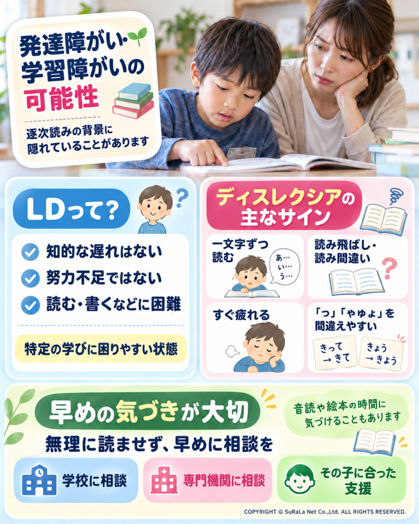 ディスレクシア(読字障害)の主なサインと学校・専門機関への相談を促す解説画像
