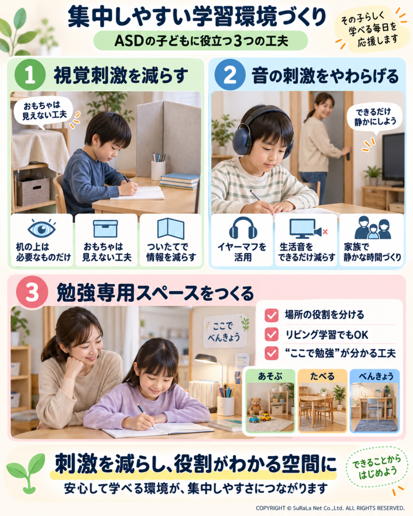 ASD(自閉スペクトラム症)の子どもに向けた集中できる勉強環境づくりの3つの工夫(視覚・音刺激の削減、専用スペース)